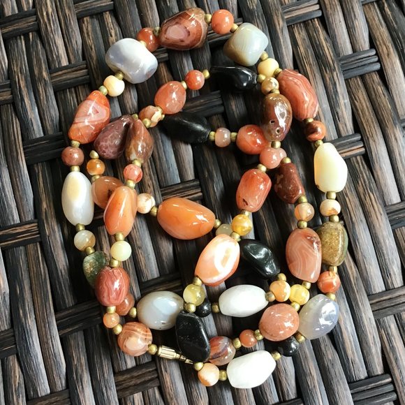 Vintage Polished Gemstone Beaded Necklace 34" Long Weighty Earth Tones - Picture 9 of 16